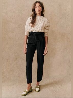 Sezane Austin High Waisted Black Tapered Belted Trousers, size 38FR/6US